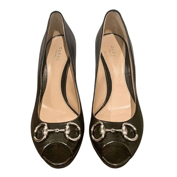 Gucci Black Nappa Leather Silver Horsebit Pumps EU 40 US 10 Peep Toe High Heels - Picture 2 of 10